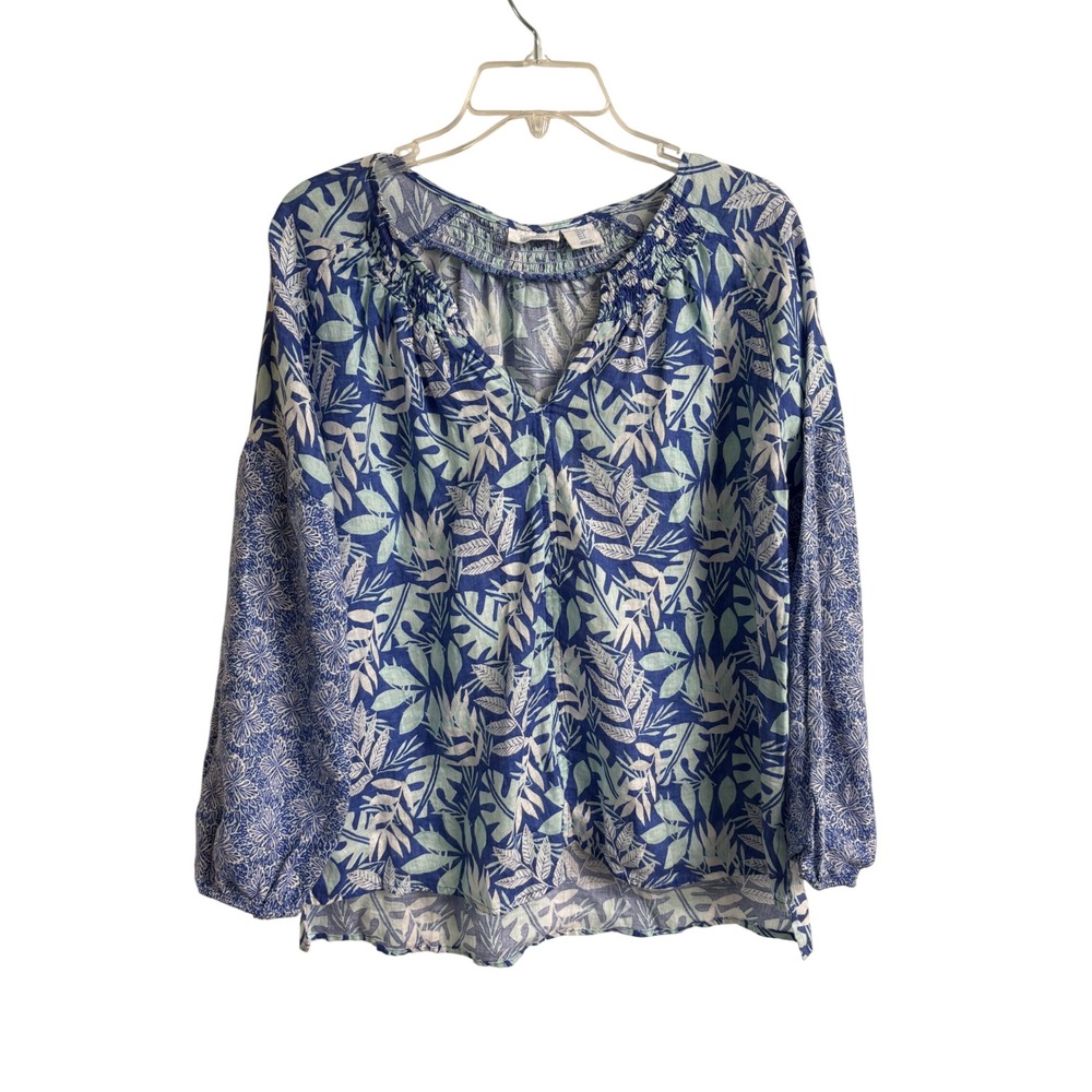 Sigrid Olsen Blue White Tropical Leaf 100% Linen V-Neck Blouse Womens S Coastal